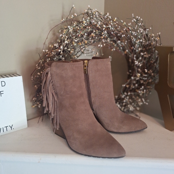 Isola Fringed Suede Leather Ankle Heeled Boots - Taupe Brown 6 - Picture 10 of 16